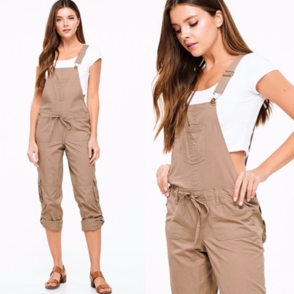 013 boho Tan Capri Pockets overall jumpsuit - Picture 3 of 3